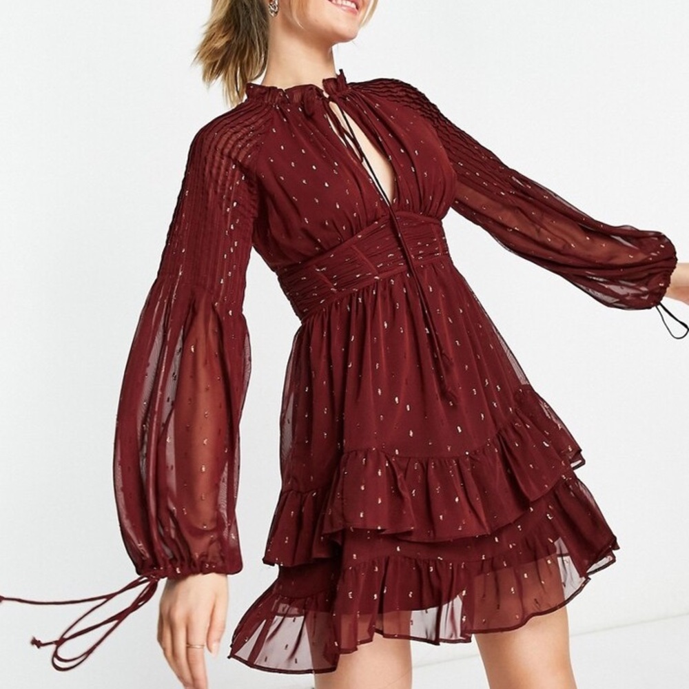 ASOS Wine Red Metallic Dot Tiered Long-Sleeve Dress